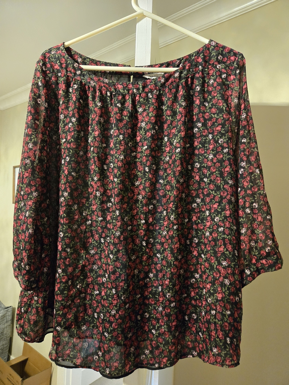 Reitmans Black Blouse with Red Rose Print